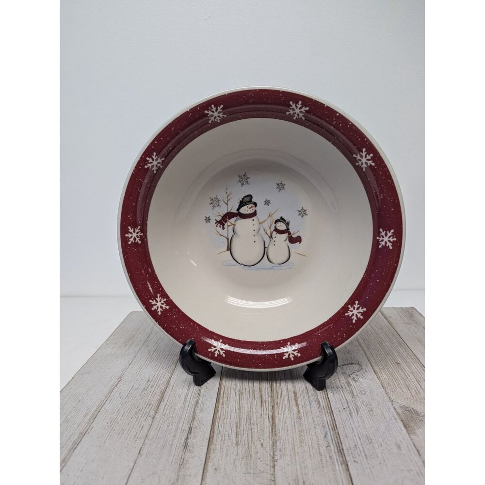 Royal Seasons Stoneware Snowmen 10" Serving Bowl Snowflakes Red Trim